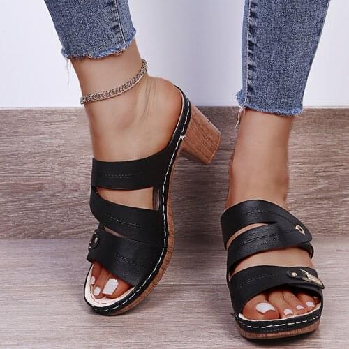 Womens Slippers Breathable Chunky Heels Outdoor Leisure Slippers Ladies Summer Beach High-heeled Thick With Fish Mouth Shoes