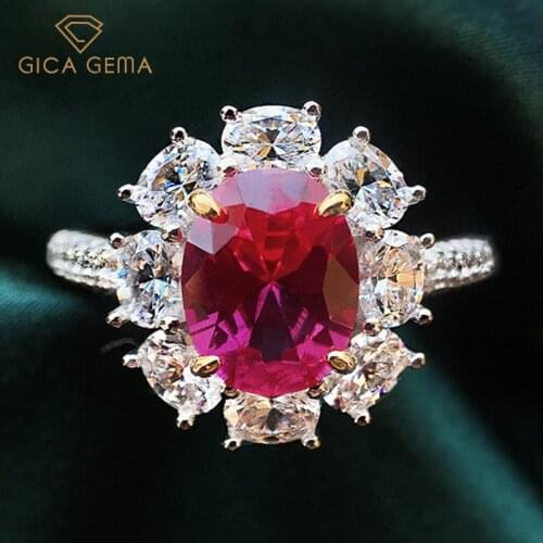 GICA GEMA Sun Flower 2ct Rings For Women Girl Zircon Egg Shape Ruby Gemstone Real 925 Sterling Silver Wedding Fine Jewelry