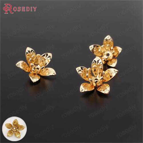 20PCS 13MM height 6MM 24K Gold Color Plated Brass 3D Flowers Beads Caps Diy Jewelry Findings Earrings Accessories Wholesale
