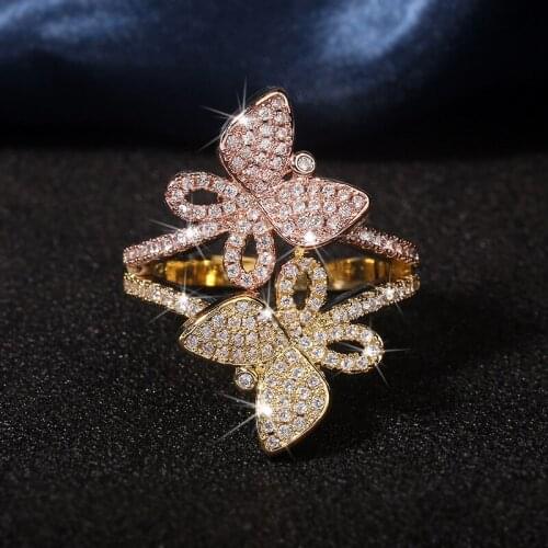 2021 New Cute Gold Butterfly Ring for 925 Silver Women with Bling Diamond Adjustable Fashion Jewelry Wedding Engagement Ring