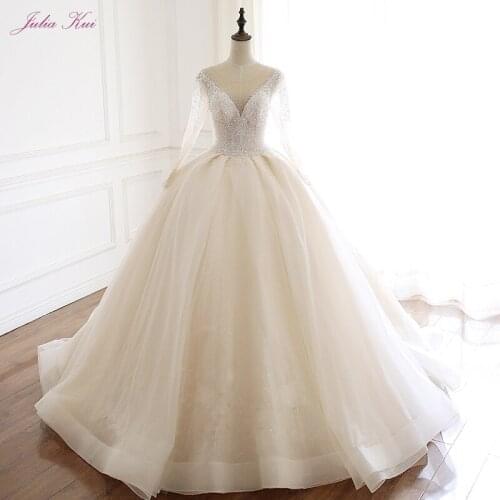 Julia Kui Real Photo Lustrous Beading Crystals Pearls Ball Gown Wedding Dress Lace Up Full Sleeves Beauty Bride Dress