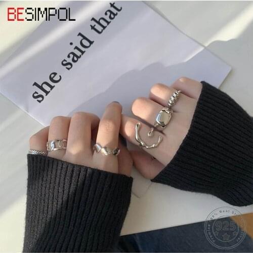 Besimpol Korea Style 925 Sterling Silver Rings Vintage Fashion Simple Party Club Open Ring For Women Luxury Fine Jewelry Gifts