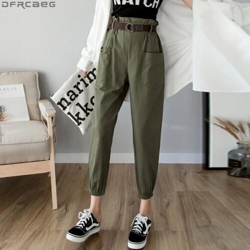 New 2020 Spring Summer Cargo Women Pants Loose Streetwear Elastic High Waist Trousers Pockets With Belt Bud Harem Pants Female