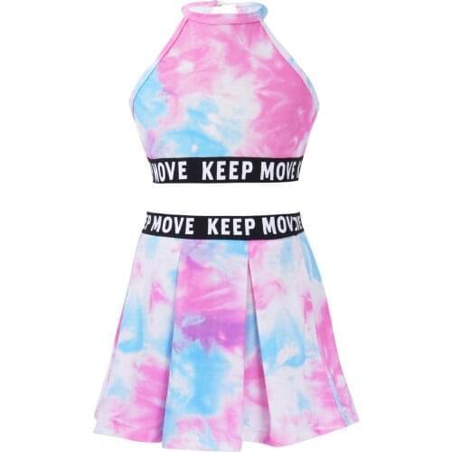 Kids Girls Tie Dye Print Sport Suit Halter Neck Sleeveless Crop Vest Tops and Pleated Skirt Set for Gym Tennis Dance Workout