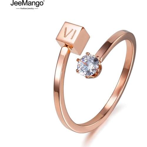 JeeMango Fashion Simple Square Titanium Stainless Steel Ring Jewelry For Women Rose Gold Cubic Zirconia Wedding Rings JR17168