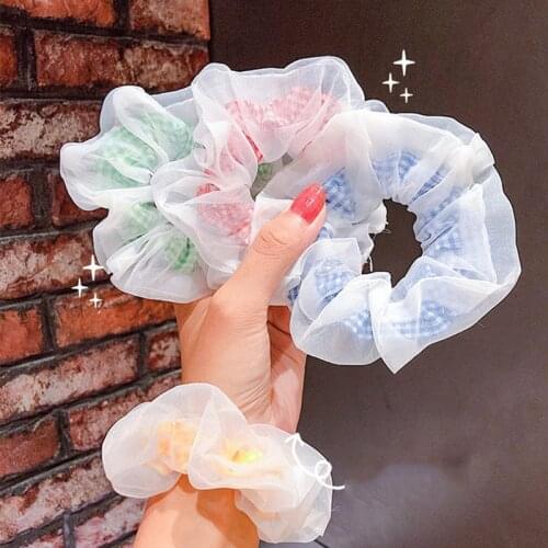 Korea Women Elastic Kawaii Lace Hair Bands Tie Girls Mesh Scrunchie Ponytail Transparent Rainbow Plaid Hair Accessories Headwear