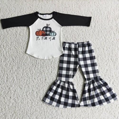 Hot Sale Kids Designer Clothes Girls Bell Bottom Outfits Pumpkin Design Baby Kids Clothing Sets Halloween Toddler Girls Clothing