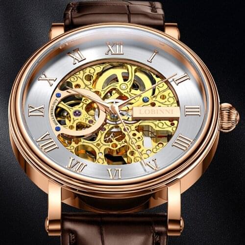 LOBINNI Fashion Skeleton Design Men Automatic Mechincal Watches Genuine Leather Strap Luxury Sapphire Glass Waterproof Watches