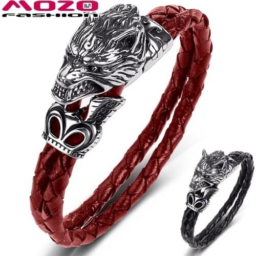 MOZO FASHION 2020 Men Jewelry Black Genuine Leather Bracelet Stainless Steel Punk Ferocious Wolf Charm Women Gift 543