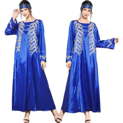 Muslim Vintage Fashion Long Dress Women Stripes Embroidery Abaya Ethnic Ramadan Eid Islamic Clothing Turkish Middle East Dubai