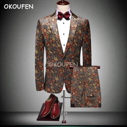 Male singer stage performance set high quality mens floral suit wedding banquet slim suit business gentleman suit suit
