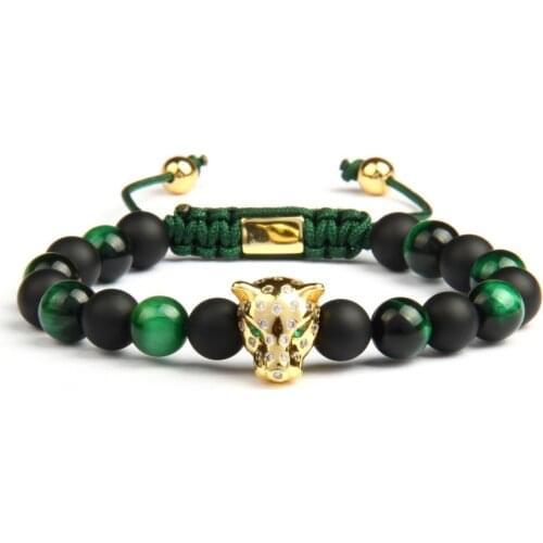 Ailatu Men Animal Leopard Shap Cz Bracelet 8mm Natural Matte Onyx & Green Tiger Eye Stone Dog Macrame Jewelry High Quality