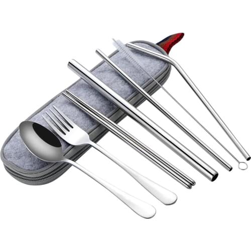 Dinnerware Set Camping Cutlery Set ReusableTitanium plating Utensils with Spoon Fork Chopsticks Straw and Portable Case