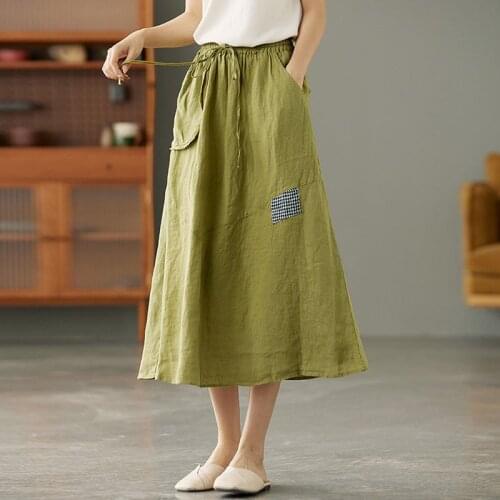 NINI WONDERLAND Women Linen Patchwork Vintage A-line Skirt Summer 2021 Elastic Waist Loose Casual Skirt Mori Girls Style Skirts