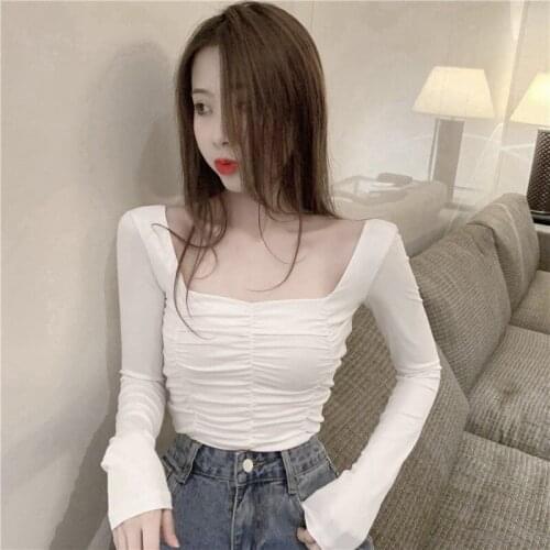 Square Collar Slim Womens Tops And Blouses Wrinkled Design Feeling Autumn Winter New Temperament Crop Top T Shirt Women Clothing