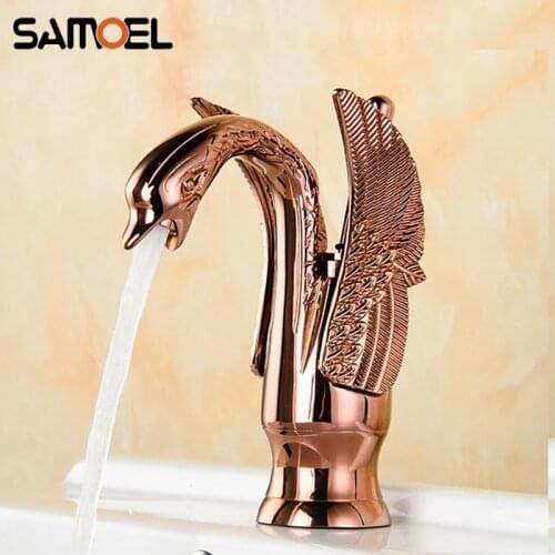 Luxury Copper Swan Design Rose Gold Hot and Cold Basin Water Tap Brass Bathroom Sink Faucet Mixer Taps torneira banheiro RS341
