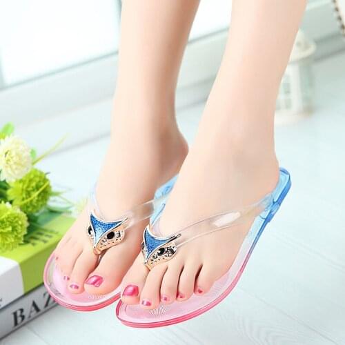 Crystal gradient fox decorate flip flops women transparent pvc clip toe slides woman rhinestone beach slippers femmino sandals