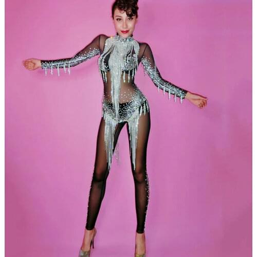 Sparkly Rhinestone Silver Tassel Women Jumpsuit Long Sleeve Black Mesh Perspective Bodysuit Nightclub DJ Singer Dance Stage Wear