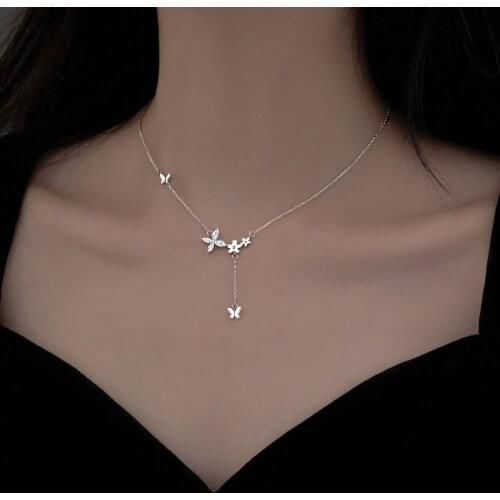 925 Sterling Silver Crystal Butterfly Charm Necklaces & Pendants Choke For Women Girls Party Statement Jewelry dz059
