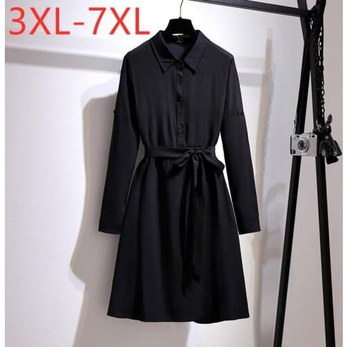 New 2021 Ladies Spring Autumn Plus Size Mini Shirt Dress For Women Large Long Sleeve Button Black Belt Dress 3XL 4XL 5XL 6XL 7XL