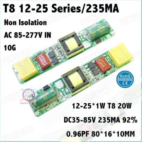 10 Pieces Non Isolation 18W AC85-277V T8 LED Driver 12-25 Series 235mA DC35-84V Power ConstantCurrent LED T8Lamp Free Shipping