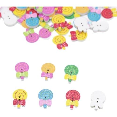 100 pcs Multicolor Lollipop Wood Button For Sewing Scrapbooking 2 Holes Bowknot Pattern Candy Sweet Clothing Accessories