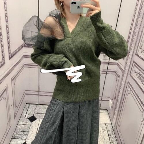 2020FW Autumn High Quality Women Mesh Patchwork Knitted V Neck Jumpers Wweater Ddxgz2 10.12