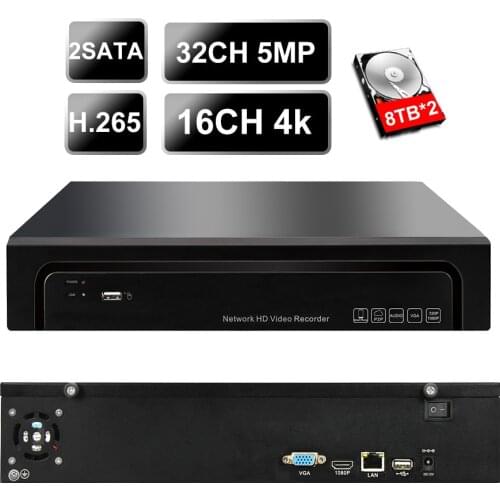 4K Onvif NVR supports 32ch 5MP or 16ch 4K ip camera access 2 SATA UP16TB P2P record H.264/H.265 Network Video Recorder