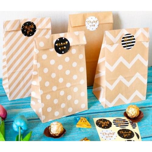 5sets Polka Dot Stripe Blank Kraft Paper Bags Wedding Birthday Party Favor Bag DIY Gift Packaging Bags with Thank You Sticker