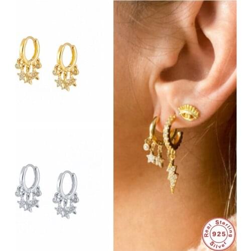 GS 925 Sterling Silver Cubic Zirconia Star Charm Hoop Earrings For Women Gift Luxury Crystal Pendant Earring Hoops Loop Circle