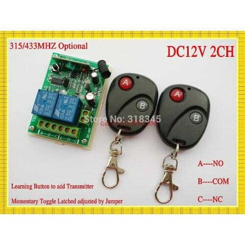 DC 12V 2 CH RF Wireless Remote Control Switch System,2 X Transmitter + 1 X Receiver,315/433 MHZ Learning Momentary Toggle Latch