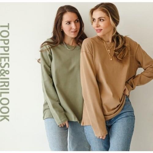 Toppies Woman Long Sleeve T-shirts Crew Neck Tops Tees Solid Color Cotton Clothes 2021Spring Fashion Clothes