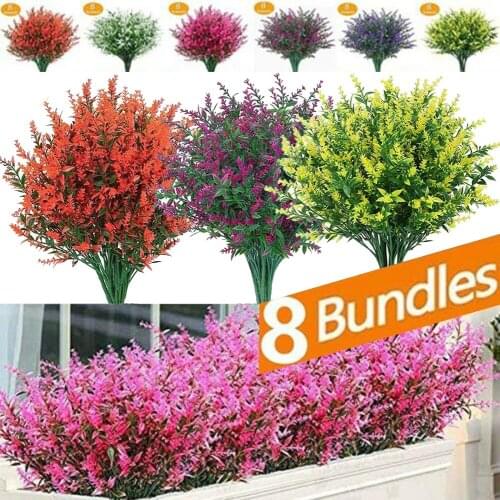 8 Bundles Artificial Flowers Plastic Fake Outdoor Plants Faux Uv Resistant Garden Porch Window Kitchen Office Table Plants