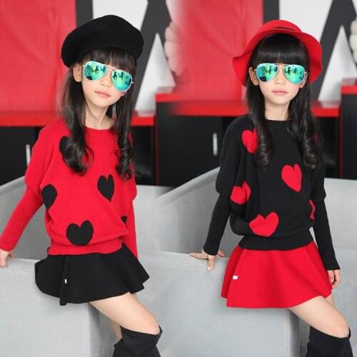 Girls' Clothing Set Winter Fall 2Pcs O-neck Pullover Sweater + Mini Skirt Black Red 1193