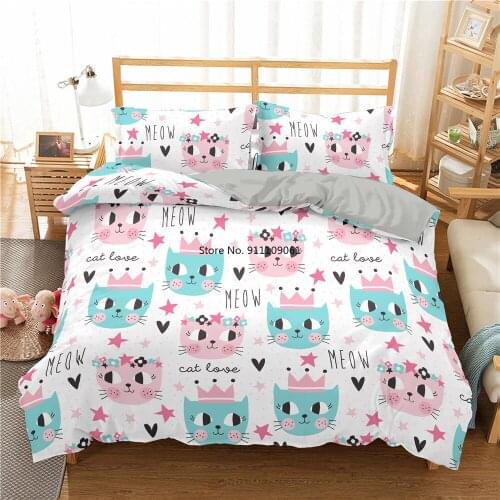 Cute Cartoon Cat Printed Bedding Set Funny Pet Cats Duvet Cover for Girl Kid Home Bedding Set Bedclothes Twin King Double Size