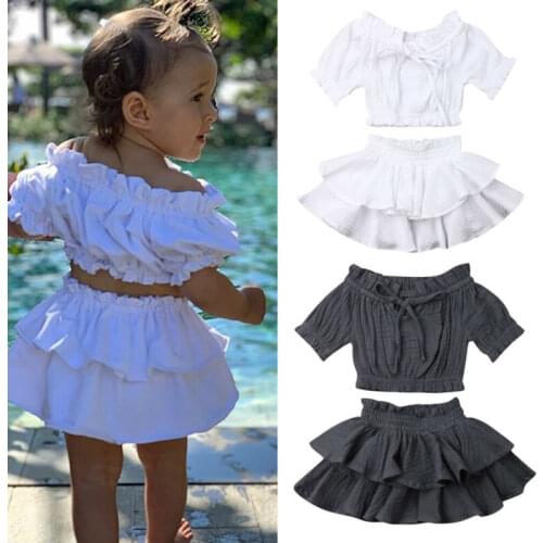 Summer Toddler Baby Girls Clothes Sets Solid Tops Shirt + Ruffle Skirts Kid Newborn Clothes Outfit