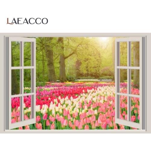 Laeacco Spring Flowers Window Green Tree Photography Backdrops Rural Natural Scenic Field Photographic Backgrounds Photo Studio