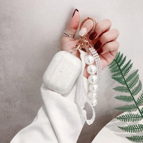 Dreamy White Glossy Shell Soft Earphone Case For Apple AirPods 1 2 Pro Protect Cover With Luxury Diamond Ribbon Pearl Keychain