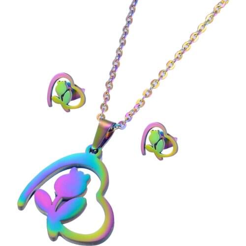 Stainless Steel New Pendant Earrings Necklace Rainbow Color Flower Pattern Ladies Accessories