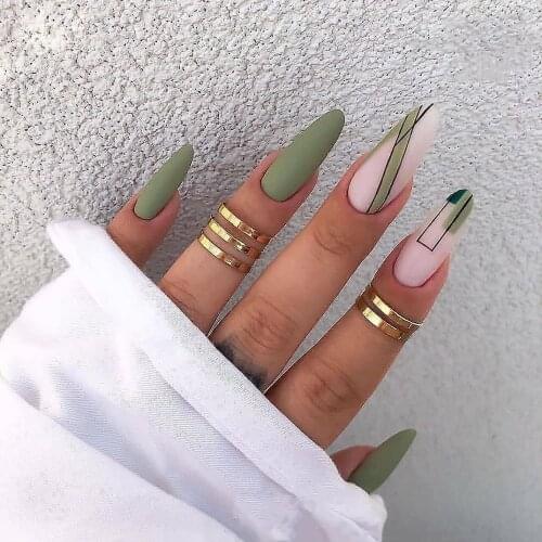 24pcs Latest Almond False Nails Sexy Matte Green Patch Press Glue Removable Long Fashion Manicure Tool Fake Nails Gifts For Girl
