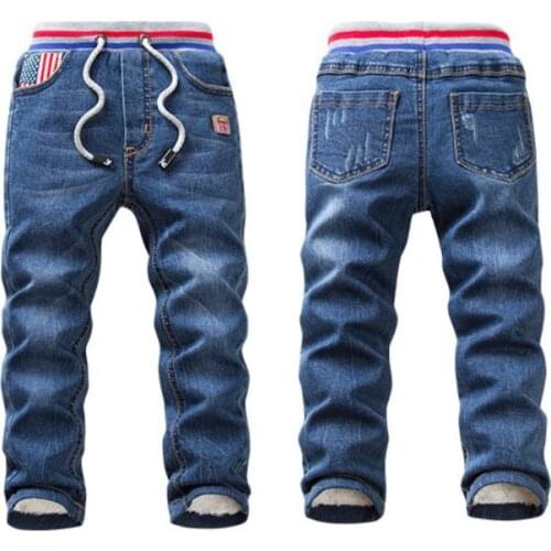 2018 new autumn and winter boys and girls double plus velvet jeans soft stretch winter children warm pants