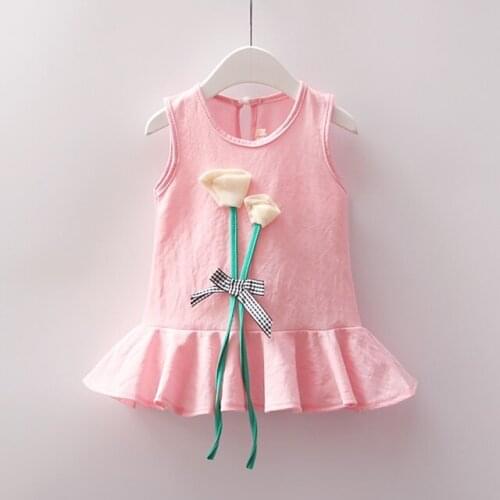 New Baby Girl Clothes Dress Casual Solid Flower Patch Korean Summer Cotton Cute Pretty Clothing Children Kids Baby Dresses