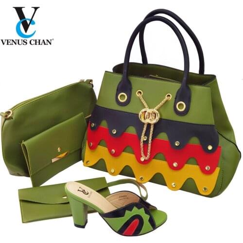 New Arrivals Green Color Nigerian Matching Shoes and Bag Set with Shinning Crystal Comfortable Heels for Wedding Italian Style