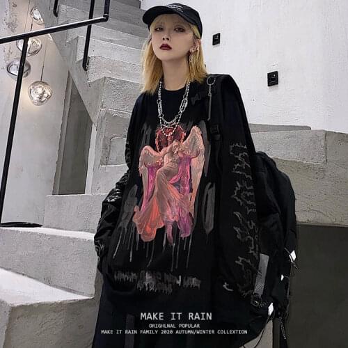 Autumn Streetwear Black sweatshirt women loose Punk Gothic top pullover demon print Gothic High Street Sweatshirts harajuku Girl