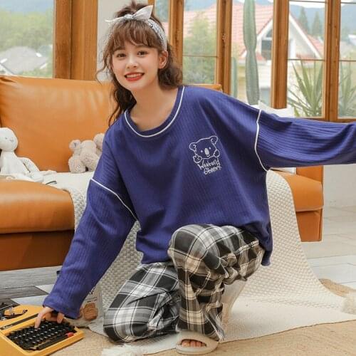 Spring Autumn New Pajamas Womens Nightgown & Sleepstirts Plaid Comfortable Home Wear Loose 2Pcs Suit Sleepwear Full Length