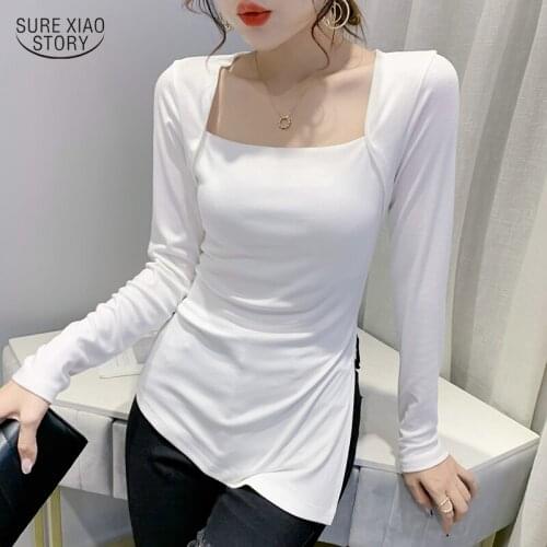 Casual Leopard Square Collar White T-shirt Streetwear 2021 Autumn Long Sleeve Shirt Fashion Slim Black Tops Blusas Elegant 17037