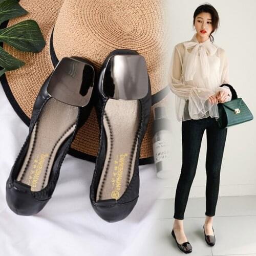 Plus size single shoes woman flats soft soled Korean square toe metal decoration egg roll shoes shallow slip on stretch loafers