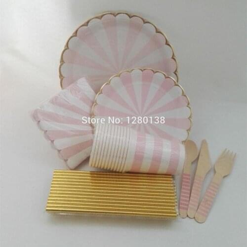 Pink and Gold Striped Paper Plates Drinking Straws Favor Party Cups Glitter Gold Tableware Decor Wooden Cutlery Wedding Napkins