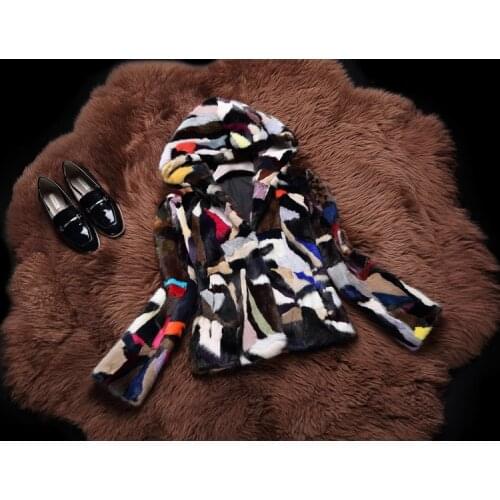 Real genuine natural women fashion mink fur coat with hood ladies multi-color colorful outwear over coat