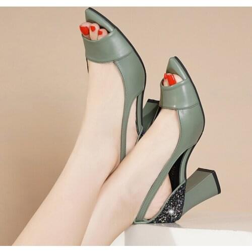 Summer Peep Toe High Heels Back Bling Pumps Open Toe Dress Shoes Chunky Heels Sandals Women Shoes sandalias mujer Lhcgy rty67